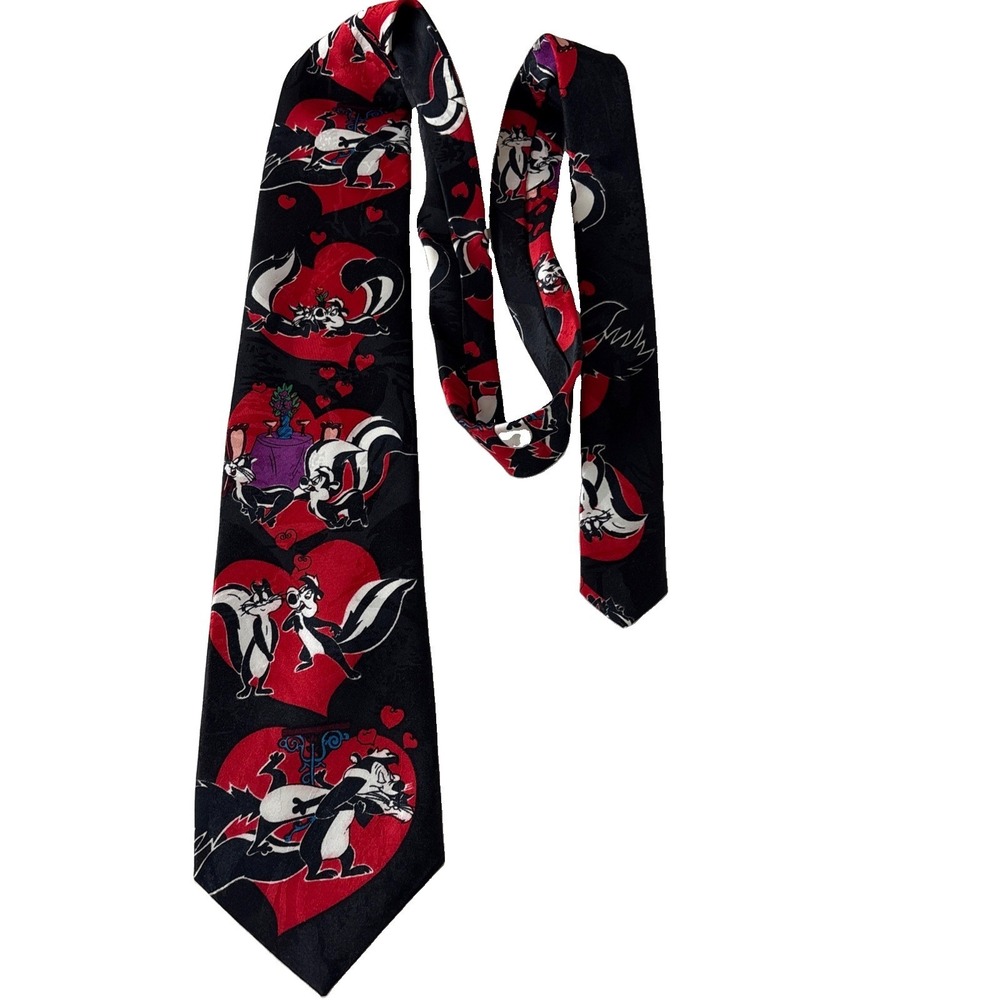 Looney Tunes mania vintage 1994 mens neck tie Pepe le pew Valentines Day Blk red